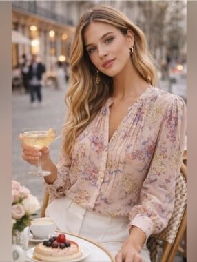 ✨💕Reiss Floral Blouse Silk Sheer Pink Romantic Designer Top Handan Pleat Top  4